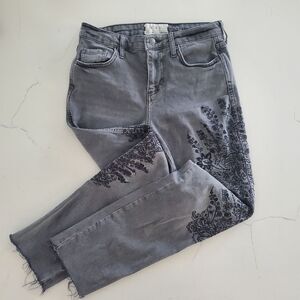 Free People Girlfriend Jeans Women Size 24 Gray Embroidered Cropped We The Free